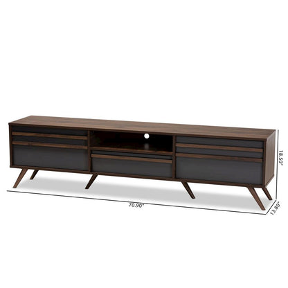 Two-Tone Grey and Walnut Finished Wood TV Stand with Drop-Down Compartments