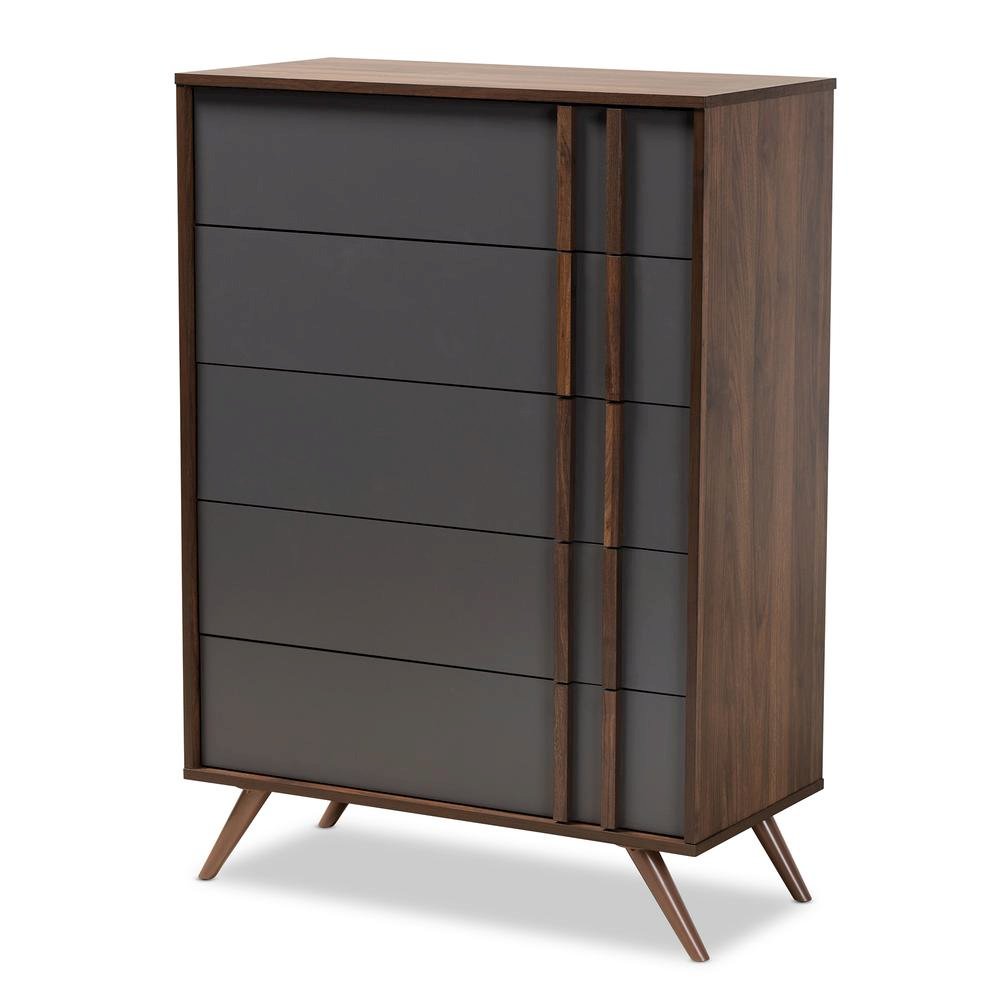 Two-Tone Grey and Walnut Finished Wood 5-Drawer Bedroom Chest