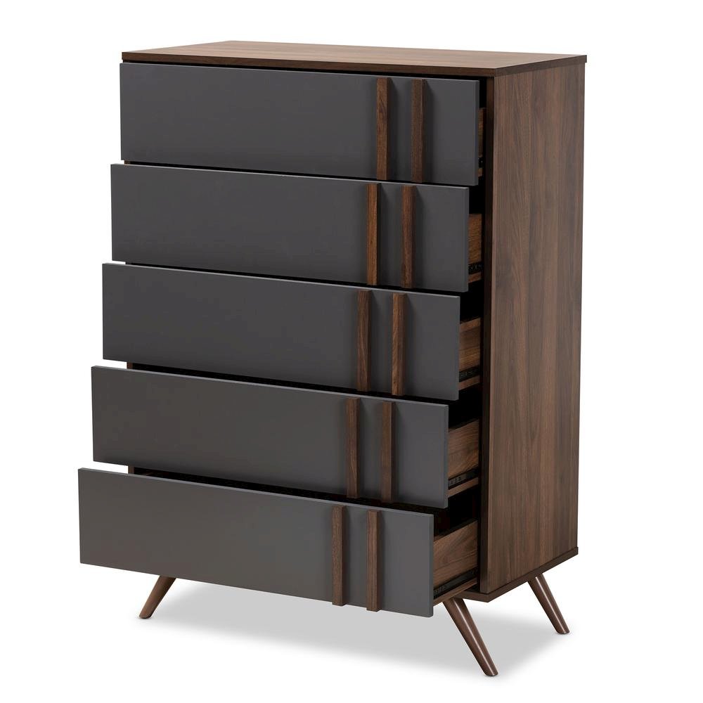 Two-Tone Grey and Walnut Finished Wood 5-Drawer Bedroom Chest