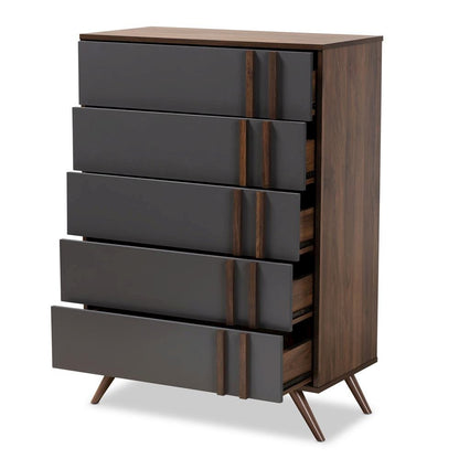 Two-Tone Grey and Walnut Finished Wood 5-Drawer Bedroom Chest