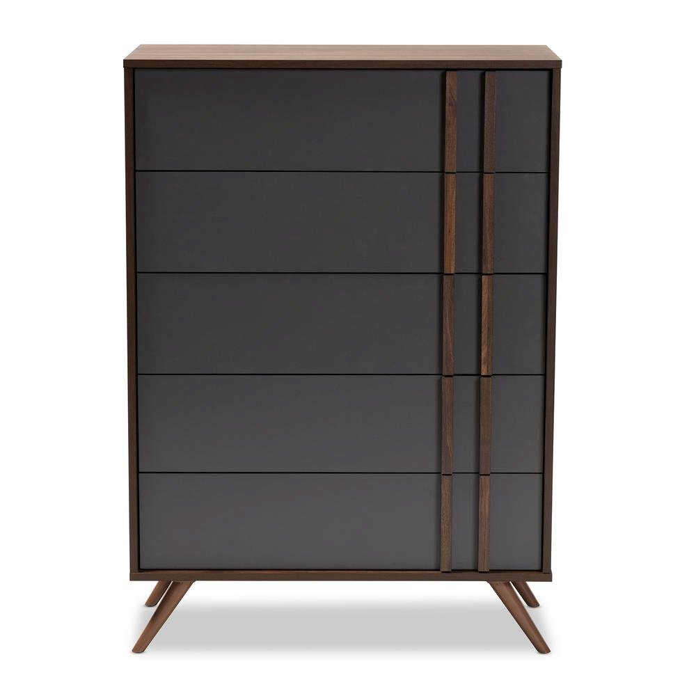 Two-Tone Grey and Walnut Finished Wood 5-Drawer Bedroom Chest
