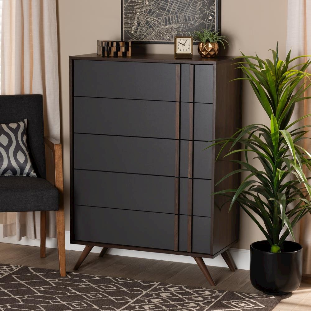 Two-Tone Grey and Walnut Finished Wood 5-Drawer Bedroom Chest