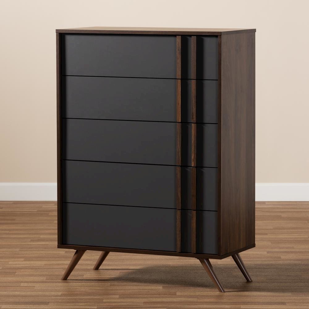 Two-Tone Grey and Walnut Finished Wood 5-Drawer Bedroom Chest