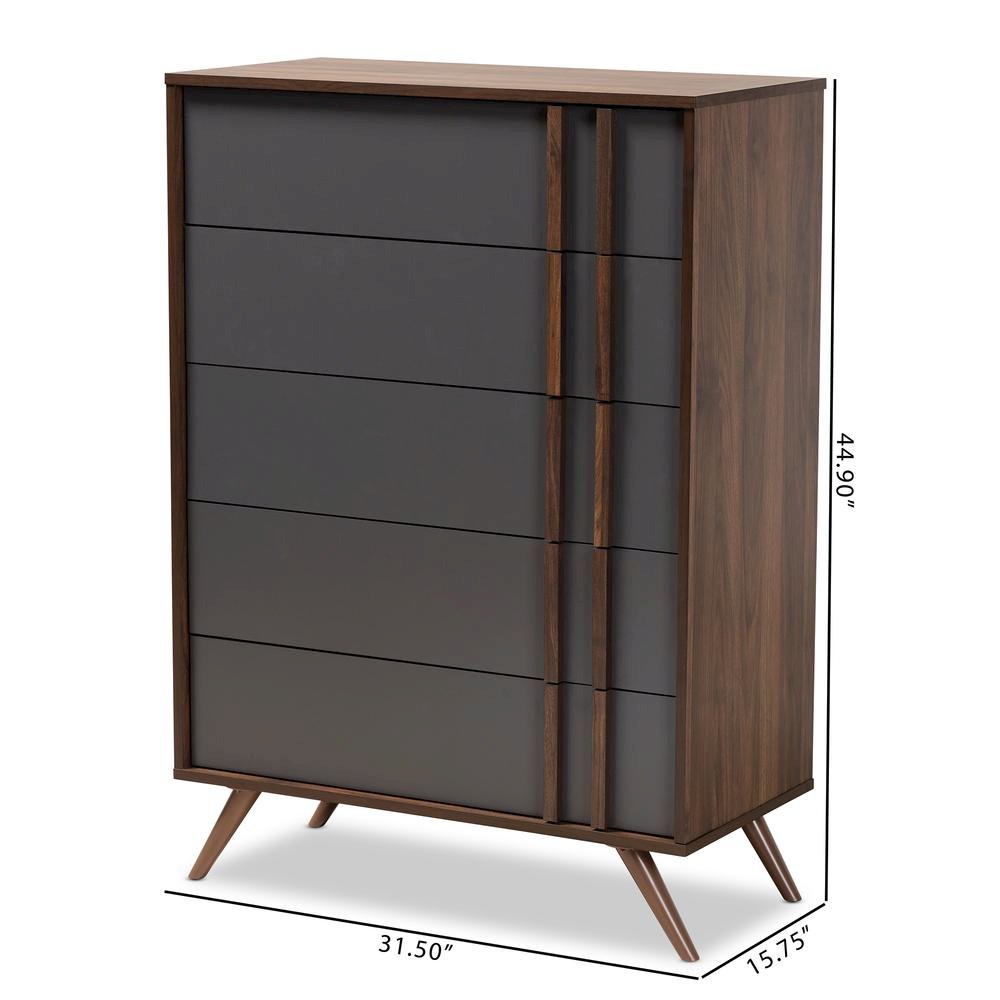 Two-Tone Grey and Walnut Finished Wood 5-Drawer Bedroom Chest