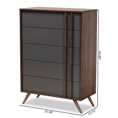 Two-Tone Grey and Walnut Finished Wood 5-Drawer Bedroom Chest