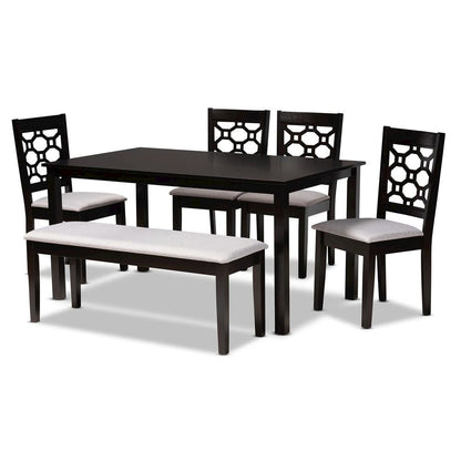 Grey Fabric Upholstered and Dark Brown Finished Wood 6-Piece Dining Set