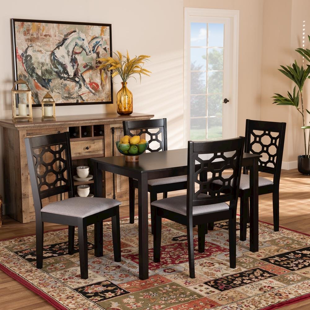 Grey Fabric Upholstered and Dark Brown Finished Wood 5-Piece Dining Set