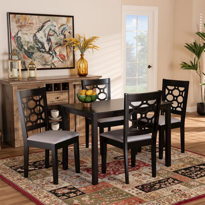 Grey Fabric Upholstered and Dark Brown Finished Wood 5-Piece Dining Set