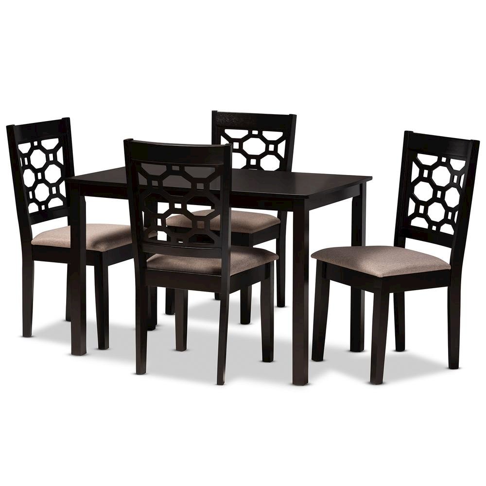 Sand Fabric Upholstered and Dark Brown Finished Wood 5-Piece Dining Set