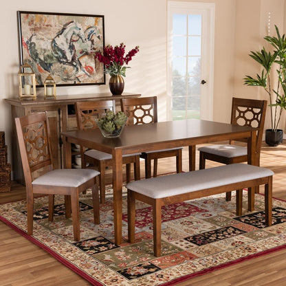 Grey Fabric Upholstered and Walnut Brown Finished Wood 6-Piece Dining Set