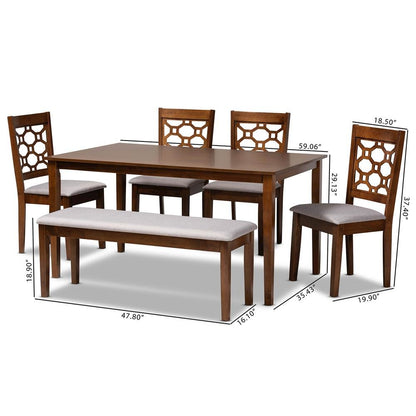 Grey Fabric Upholstered and Walnut Brown Finished Wood 6-Piece Dining Set