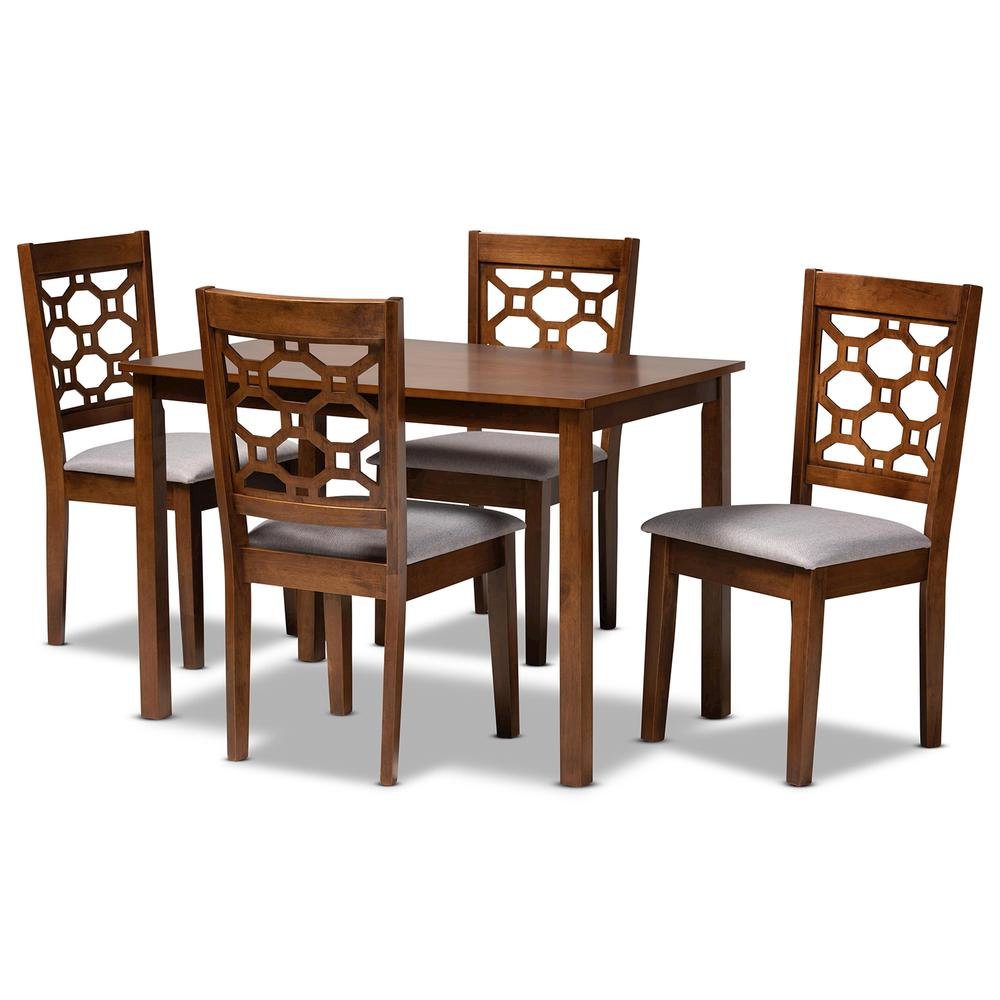 Grey Fabric Upholstered and Walnut Brown Finished Wood 5-Piece Dining Set