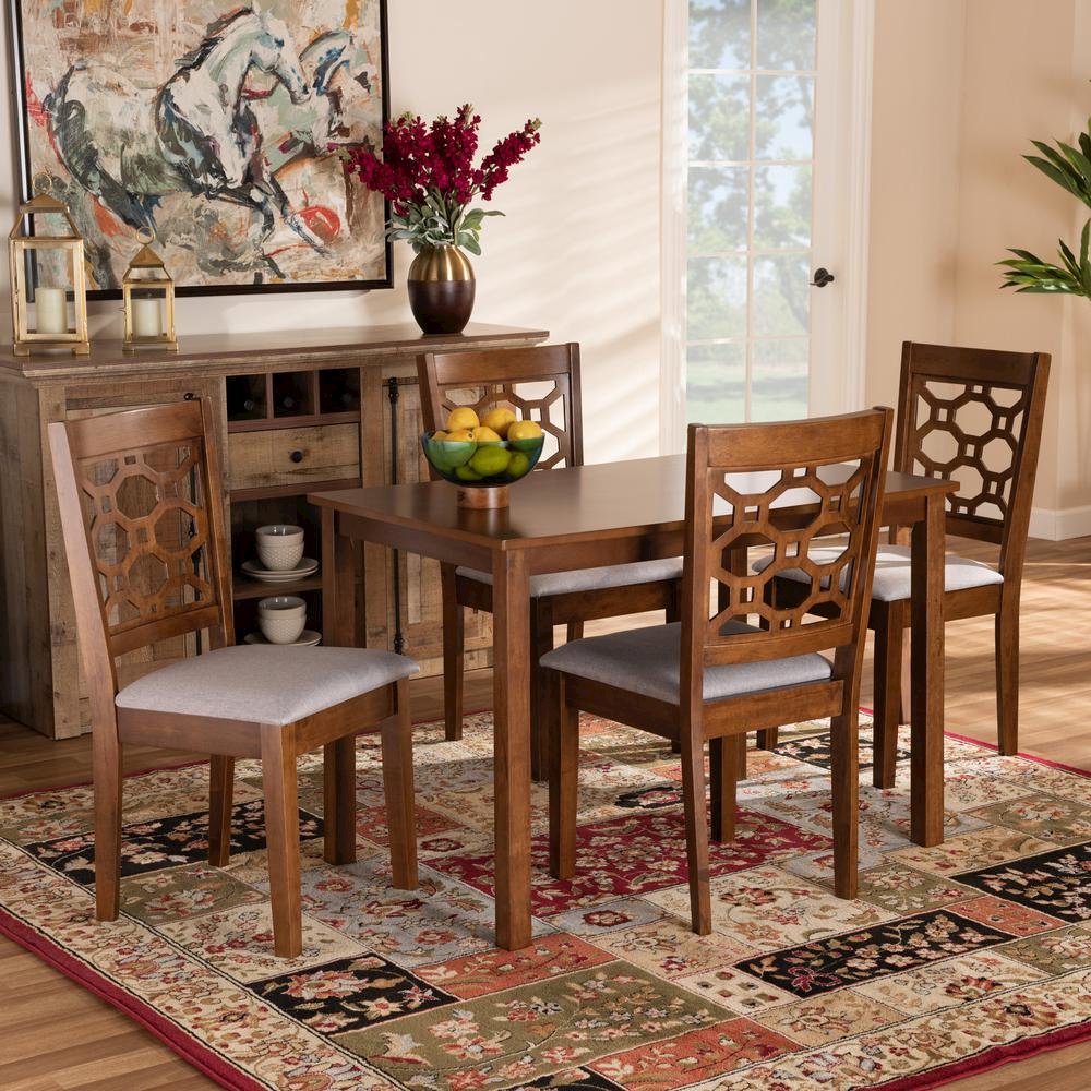 Grey Fabric Upholstered and Walnut Brown Finished Wood 5-Piece Dining Set