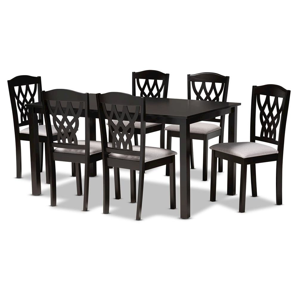 Grey Fabric Upholstered and Dark Brown Finished Wood 7-Piece Dining Set