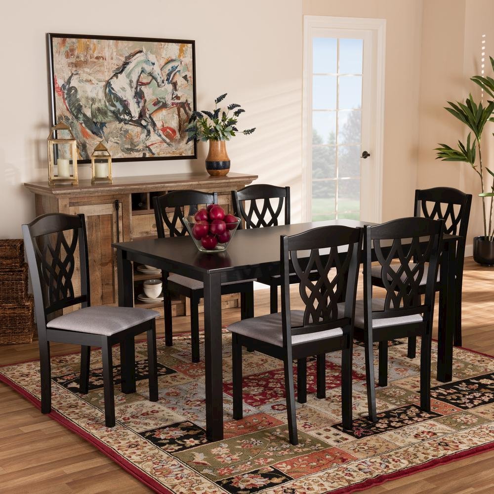 Grey Fabric Upholstered and Dark Brown Finished Wood 7-Piece Dining Set