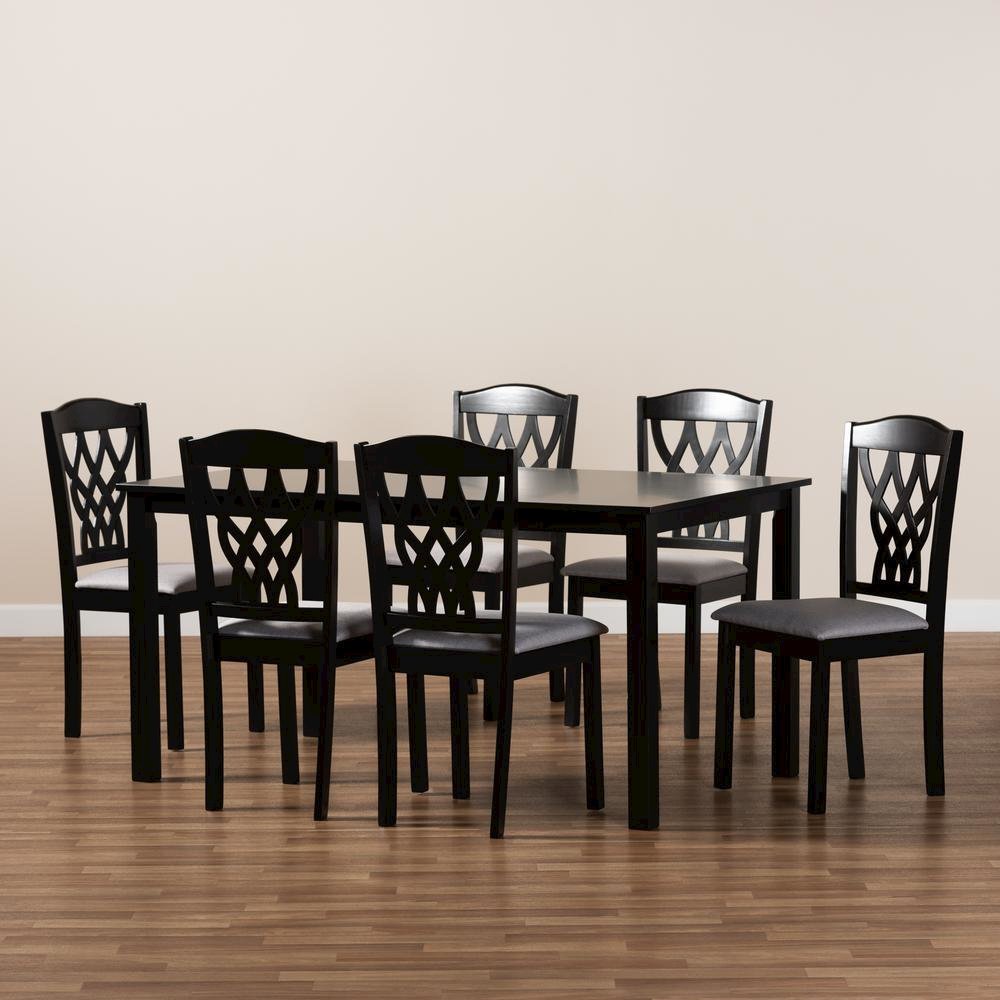 Grey Fabric Upholstered and Dark Brown Finished Wood 7-Piece Dining Set