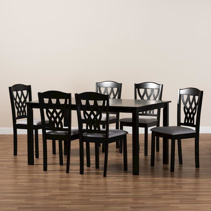 Grey Fabric Upholstered and Dark Brown Finished Wood 7-Piece Dining Set