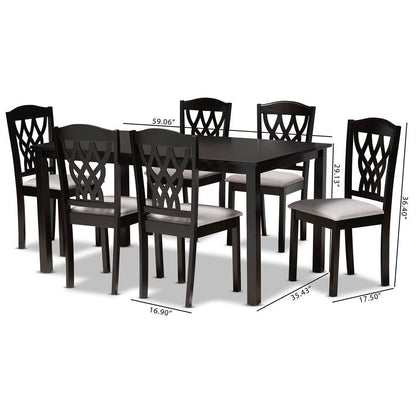 Grey Fabric Upholstered and Dark Brown Finished Wood 7-Piece Dining Set