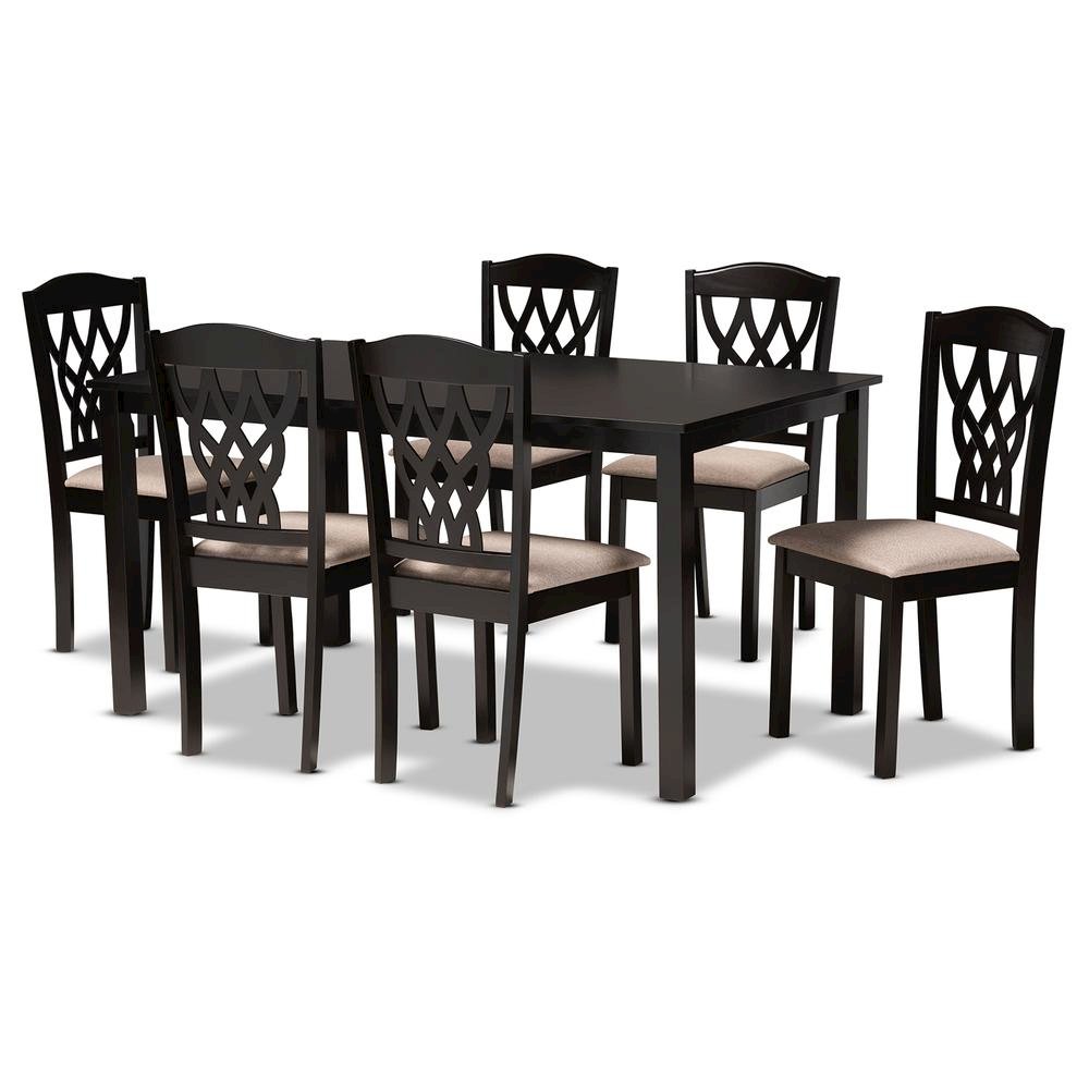 Sand Fabric Upholstered and Dark Brown Finished Wood 7-Piece Dining Set