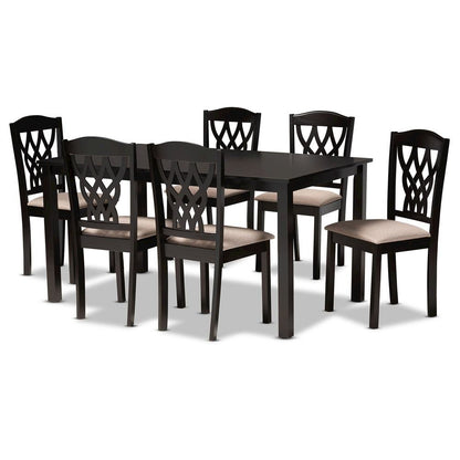 Sand Fabric Upholstered and Dark Brown Finished Wood 7-Piece Dining Set