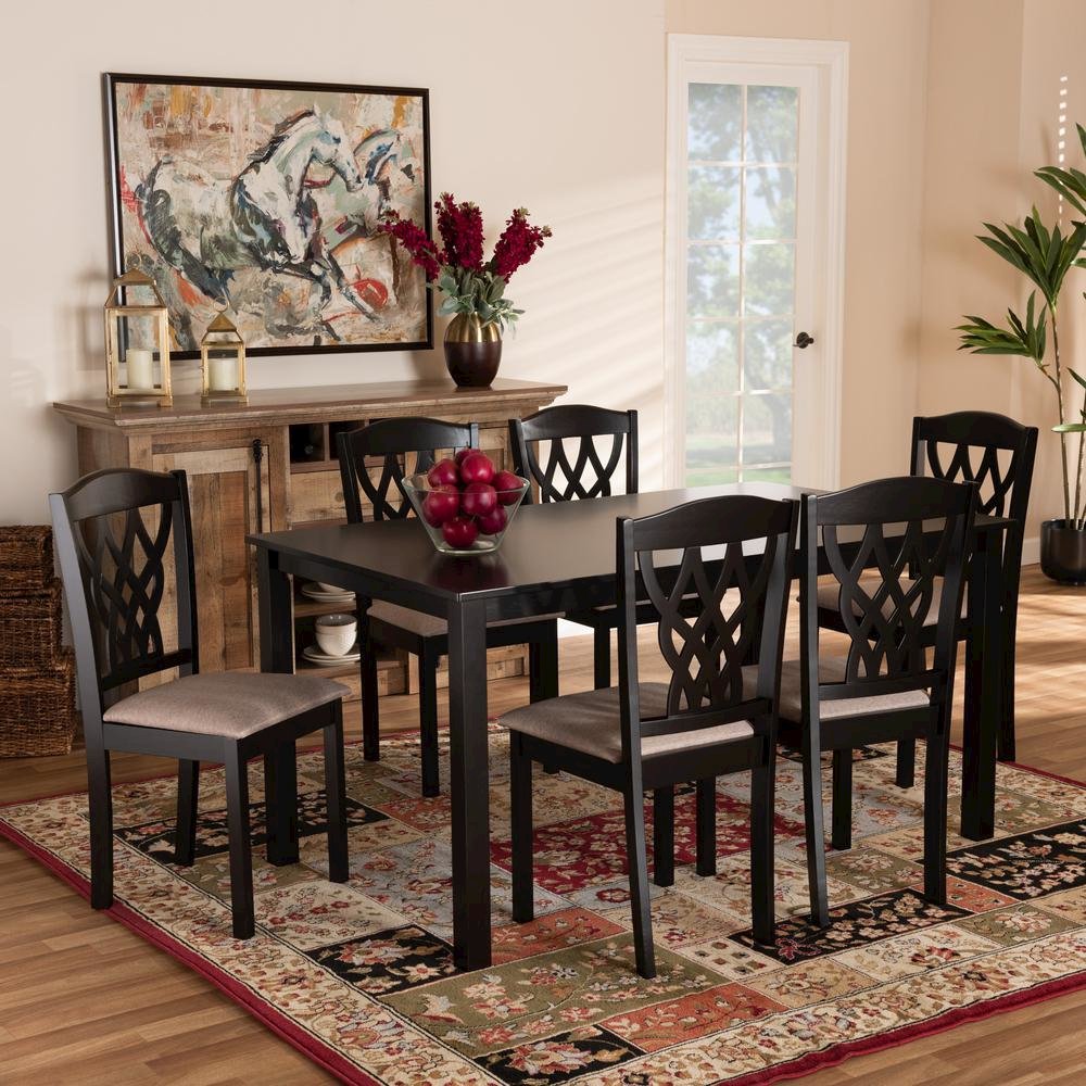 Sand Fabric Upholstered and Dark Brown Finished Wood 7-Piece Dining Set
