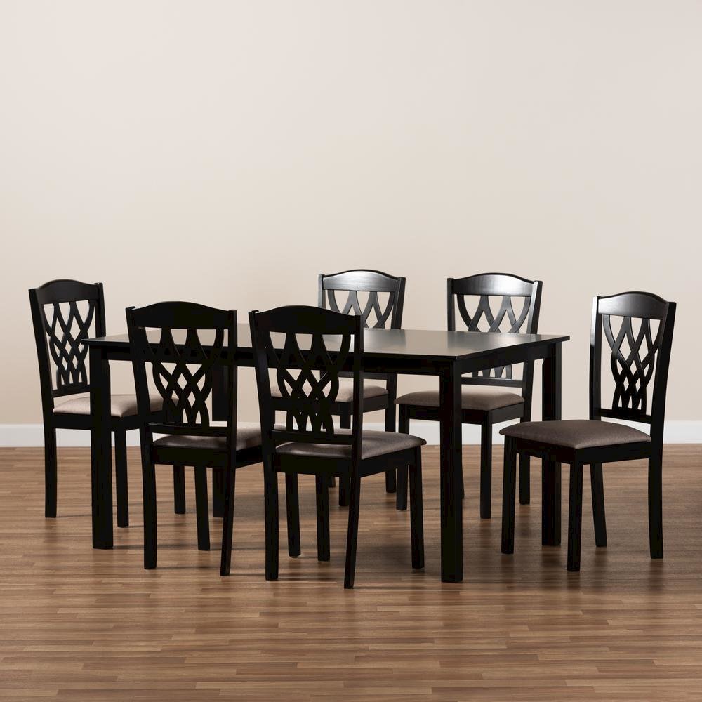 Sand Fabric Upholstered and Dark Brown Finished Wood 7-Piece Dining Set