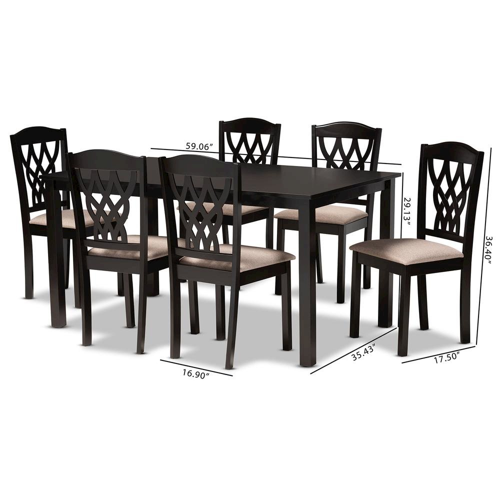 Sand Fabric Upholstered and Dark Brown Finished Wood 7-Piece Dining Set