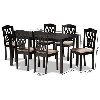 Sand Fabric Upholstered and Dark Brown Finished Wood 7-Piece Dining Set