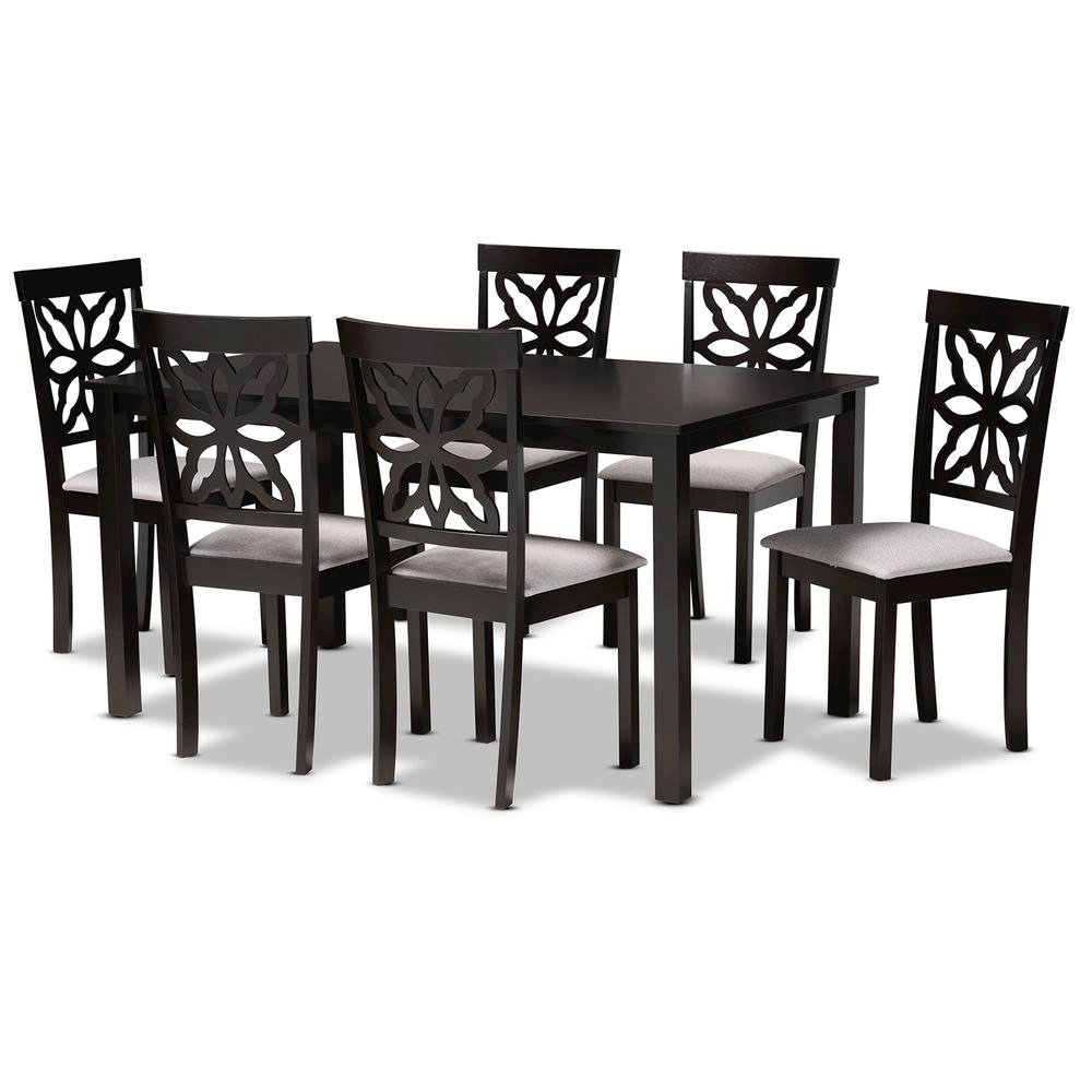 Grey Fabric Upholstered and Dark Brown Finished Wood 7-Piece Dining Set