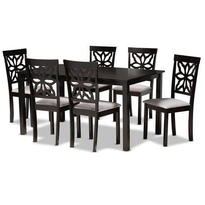 Grey Fabric Upholstered and Dark Brown Finished Wood 7-Piece Dining Set
