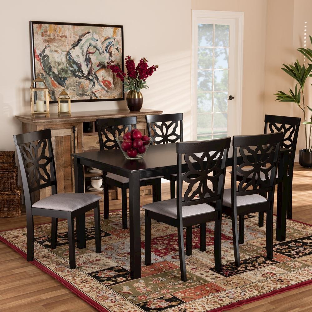 Grey Fabric Upholstered and Dark Brown Finished Wood 7-Piece Dining Set