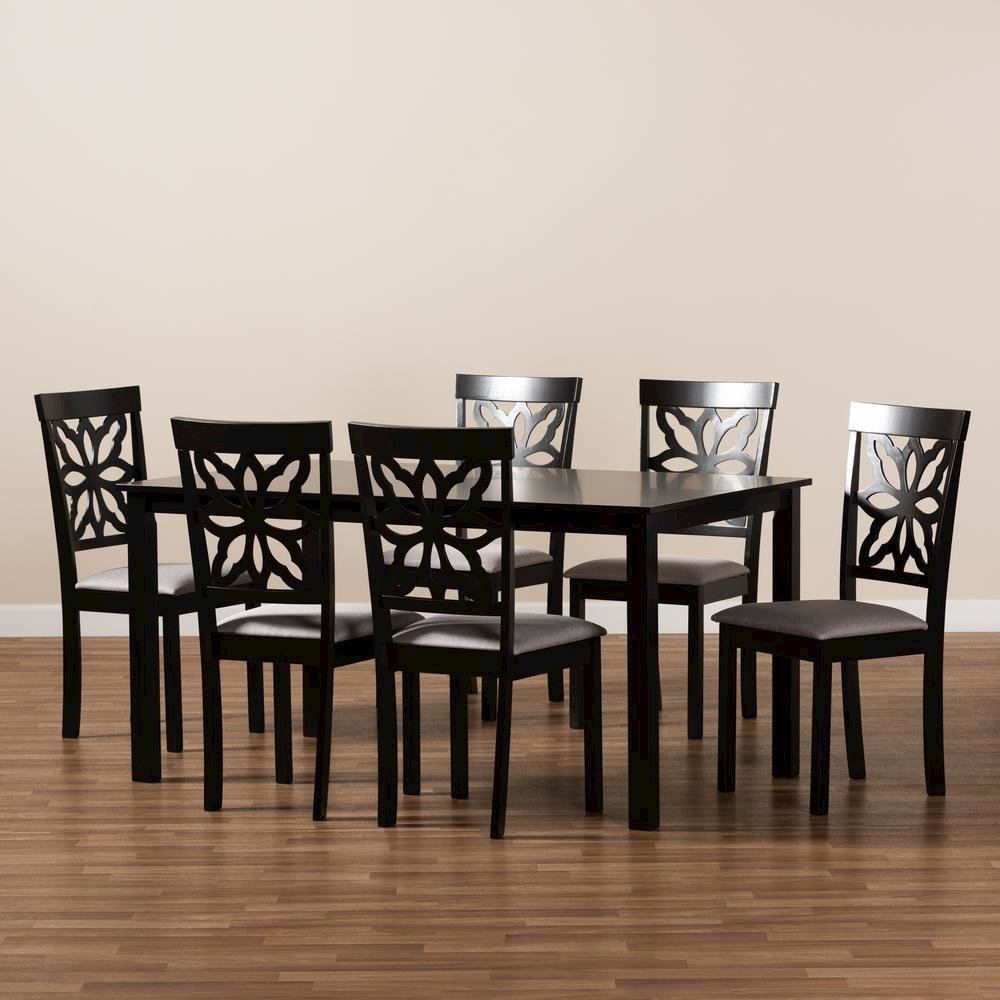 Grey Fabric Upholstered and Dark Brown Finished Wood 7-Piece Dining Set