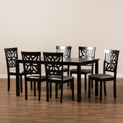 Grey Fabric Upholstered and Dark Brown Finished Wood 7-Piece Dining Set