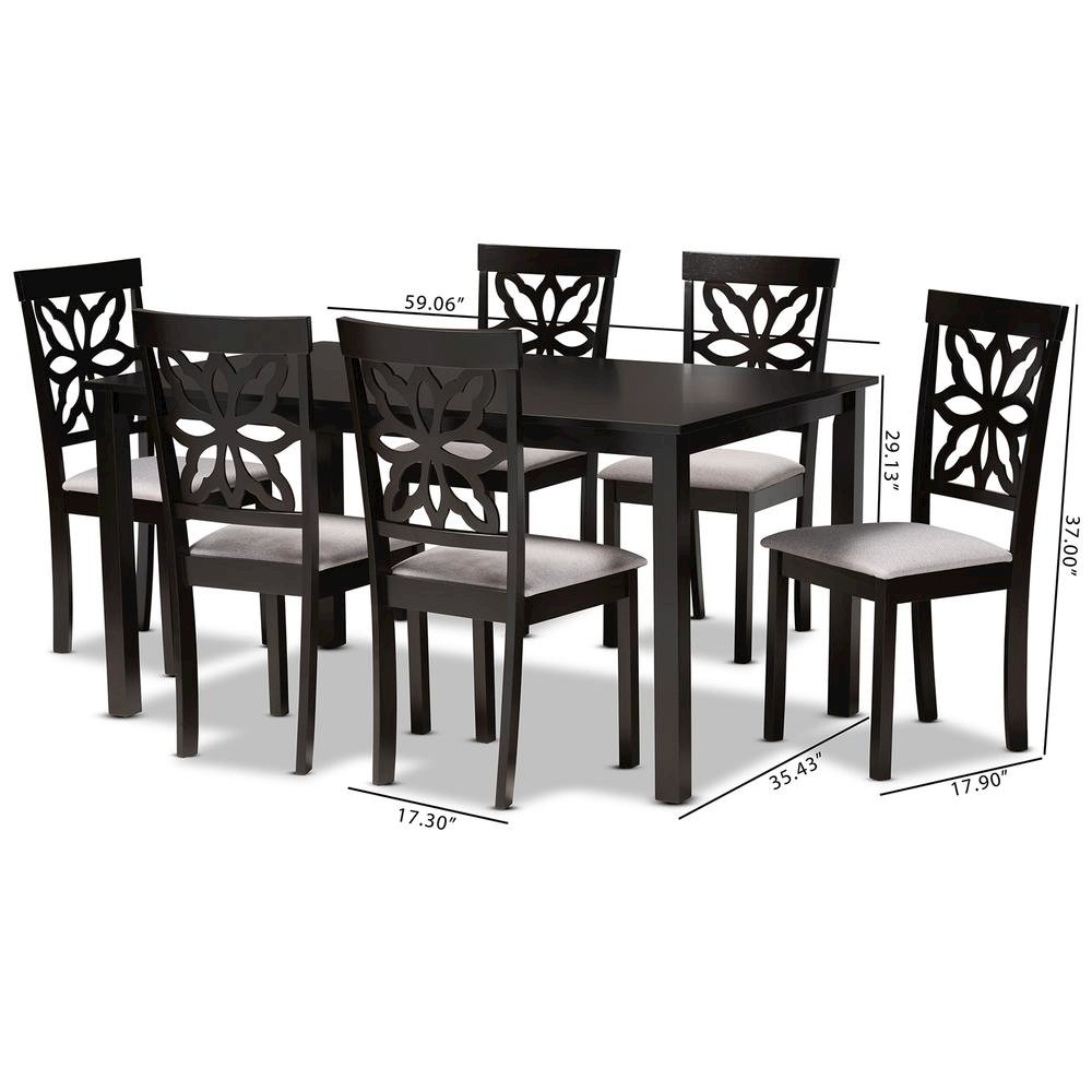 Grey Fabric Upholstered and Dark Brown Finished Wood 7-Piece Dining Set