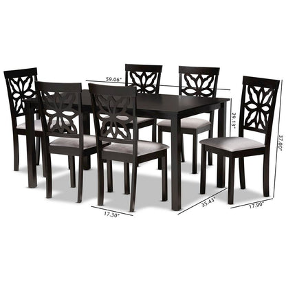 Grey Fabric Upholstered and Dark Brown Finished Wood 7-Piece Dining Set
