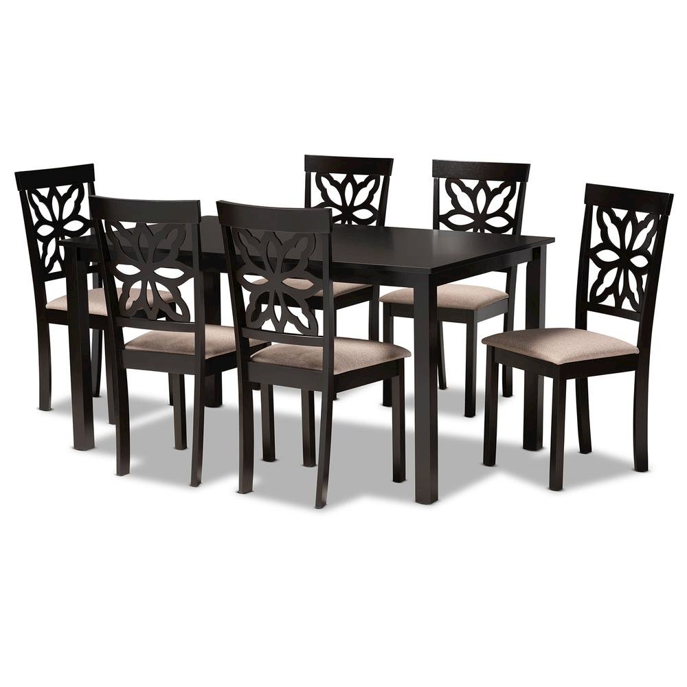 Sand Fabric Upholstered and Dark Brown Finished Wood 7-Piece Dining Set