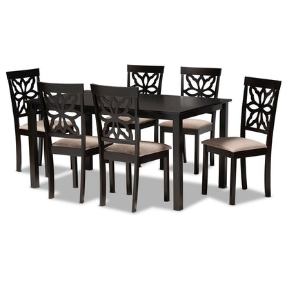 Sand Fabric Upholstered and Dark Brown Finished Wood 7-Piece Dining Set