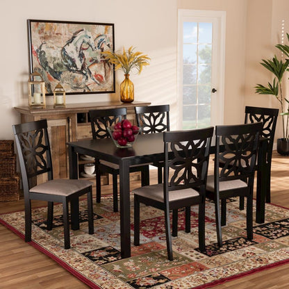 Sand Fabric Upholstered and Dark Brown Finished Wood 7-Piece Dining Set