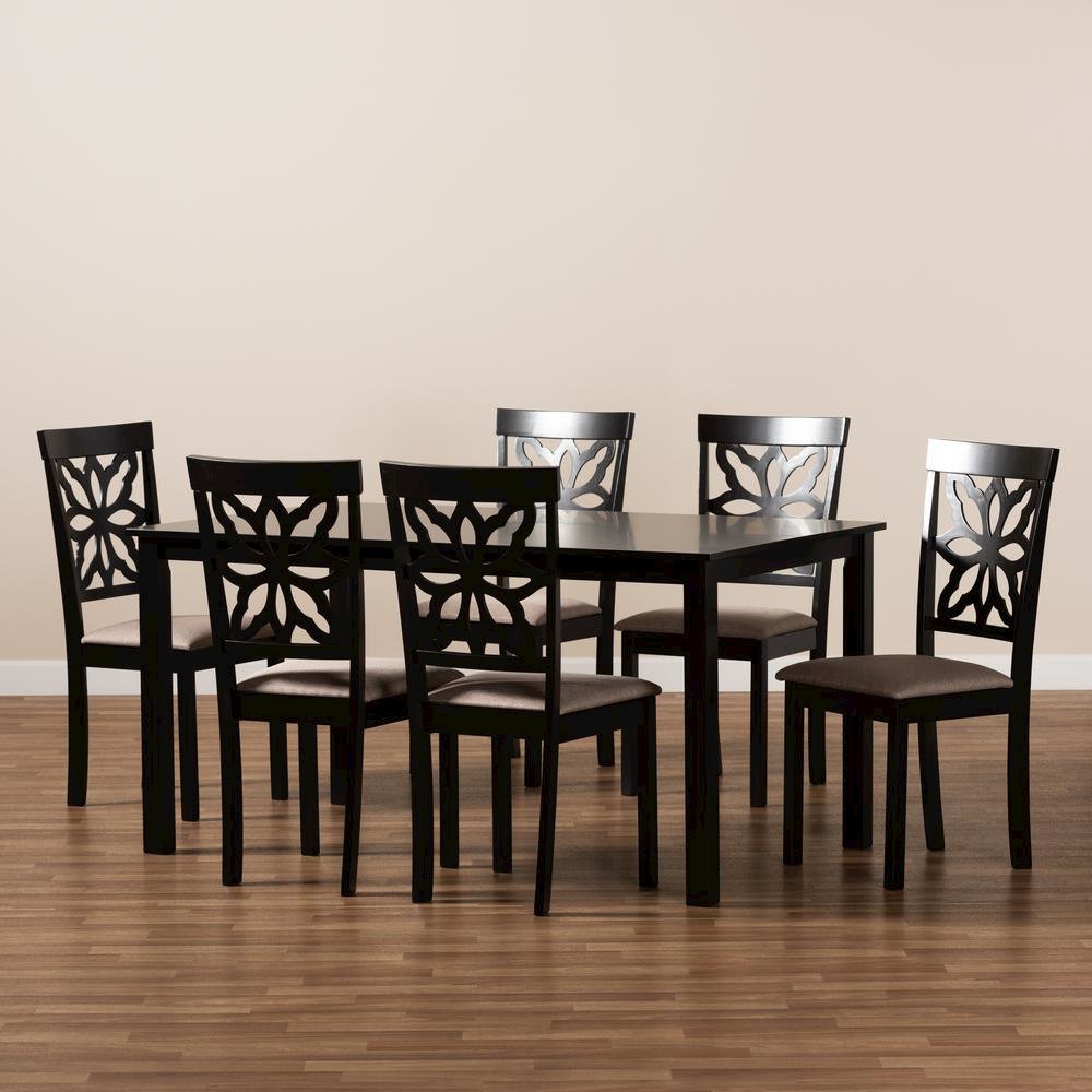 Sand Fabric Upholstered and Dark Brown Finished Wood 7-Piece Dining Set