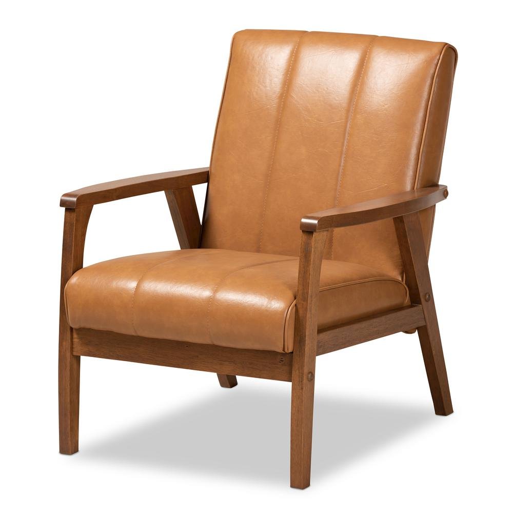 Leather Upholstered and Walnut Brown finished Wood Lounge Chair