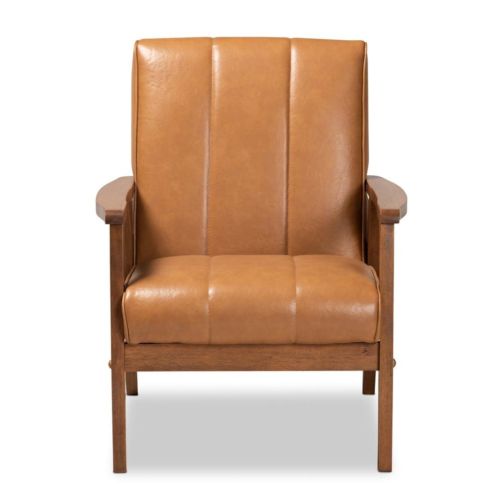 Leather Upholstered and Walnut Brown finished Wood Lounge Chair
