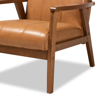 Leather Upholstered and Walnut Brown finished Wood Lounge Chair