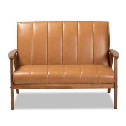 Leather Upholstered and Walnut Brown finished Wood Loveseat