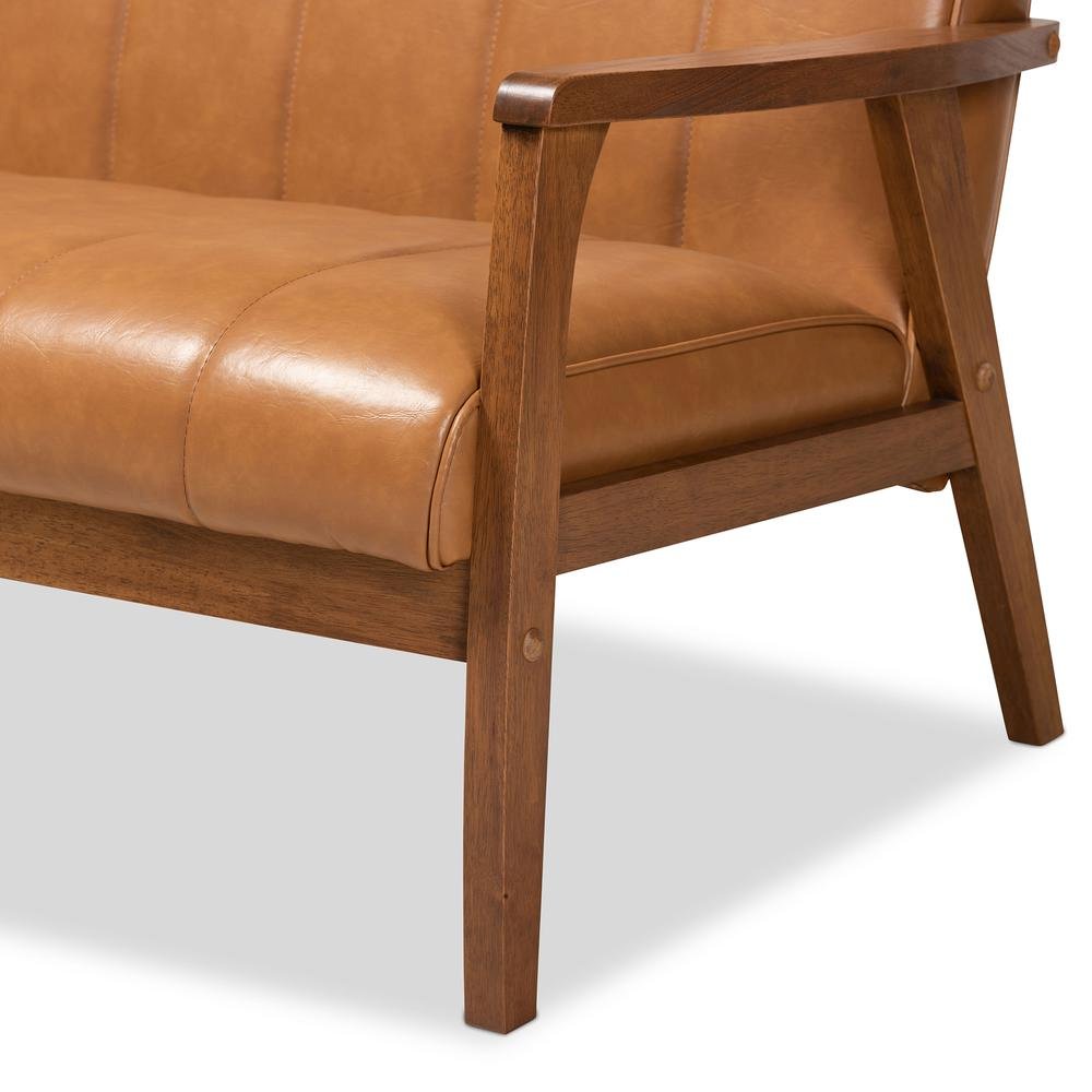 Leather Upholstered and Walnut Brown finished Wood Loveseat