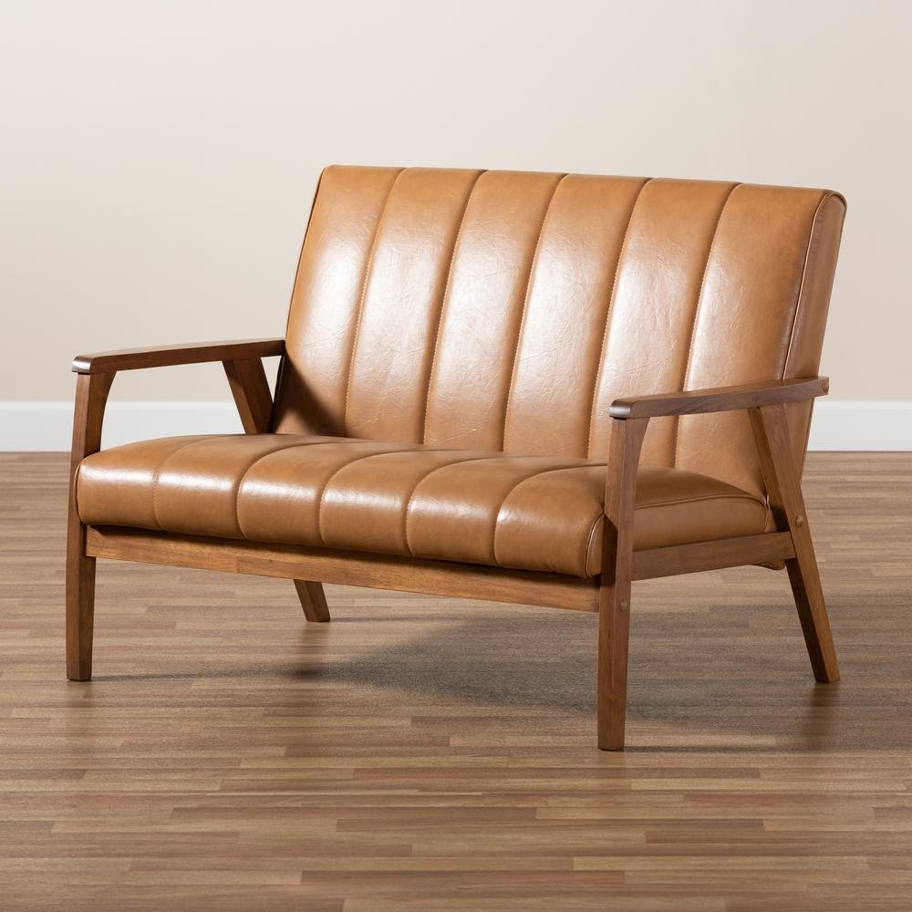 Leather Upholstered and Walnut Brown finished Wood Loveseat