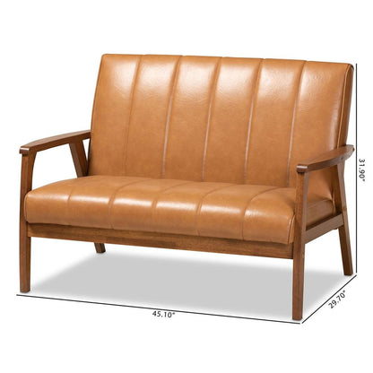 Leather Upholstered and Walnut Brown finished Wood Loveseat
