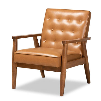 Leather Upholstered and Walnut Brown Finished Wood Lounge Chair