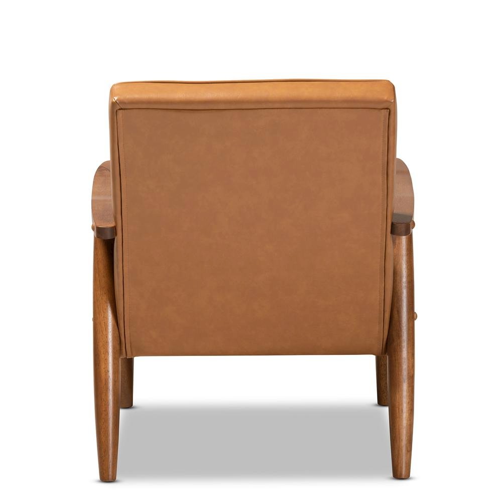 Leather Upholstered and Walnut Brown Finished Wood Lounge Chair