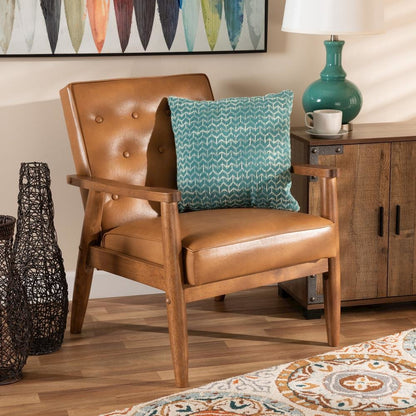 Leather Upholstered and Walnut Brown Finished Wood Lounge Chair