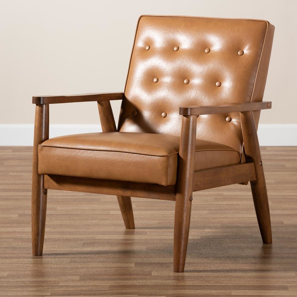 Leather Upholstered and Walnut Brown Finished Wood Lounge Chair